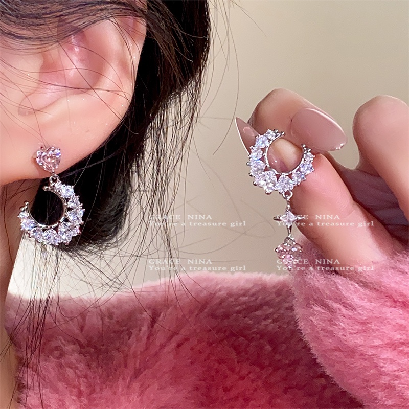 Đôi Khuyên Tai Hình Mặt Trăng / Trái Tim Đính Đá Zircon Thời Trang Cho Nữ