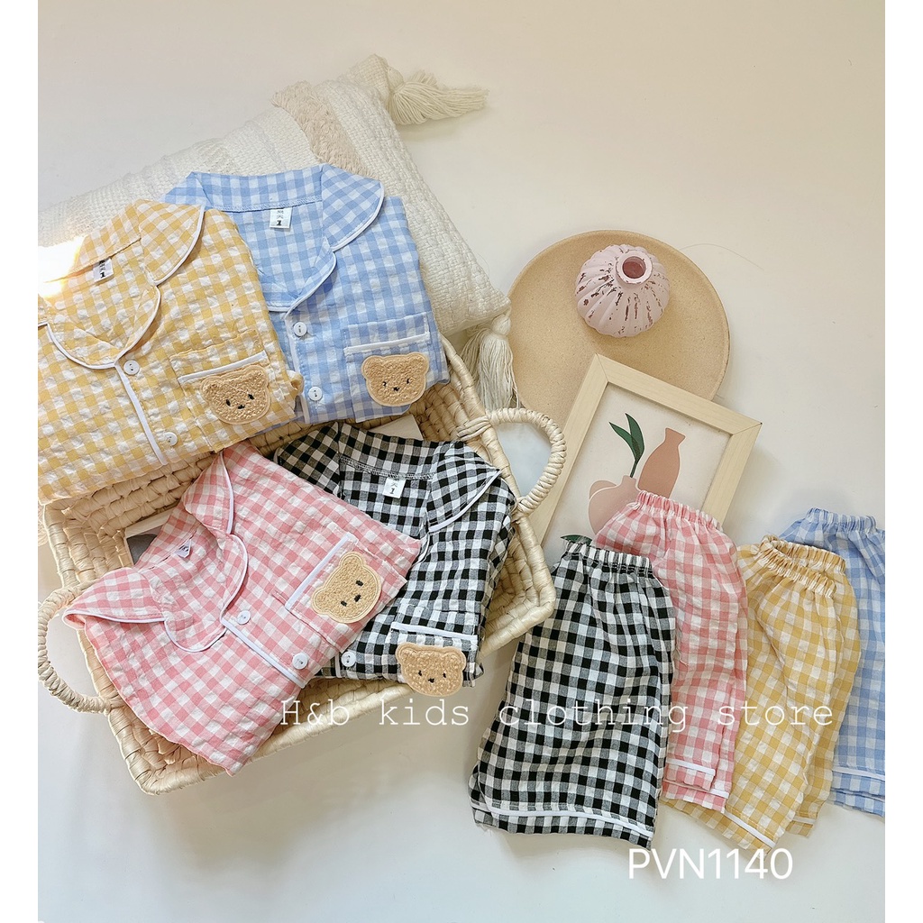 Bộ pijama dài tay gấu nâu kẻ caro cực xinh cho bé trai, bé gái