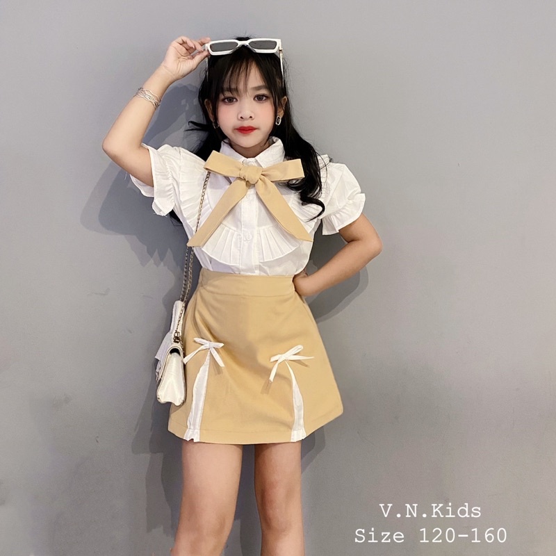Set sơmi bèo + quần váy dáng A cho bé đi học size đại 17kg-40kg