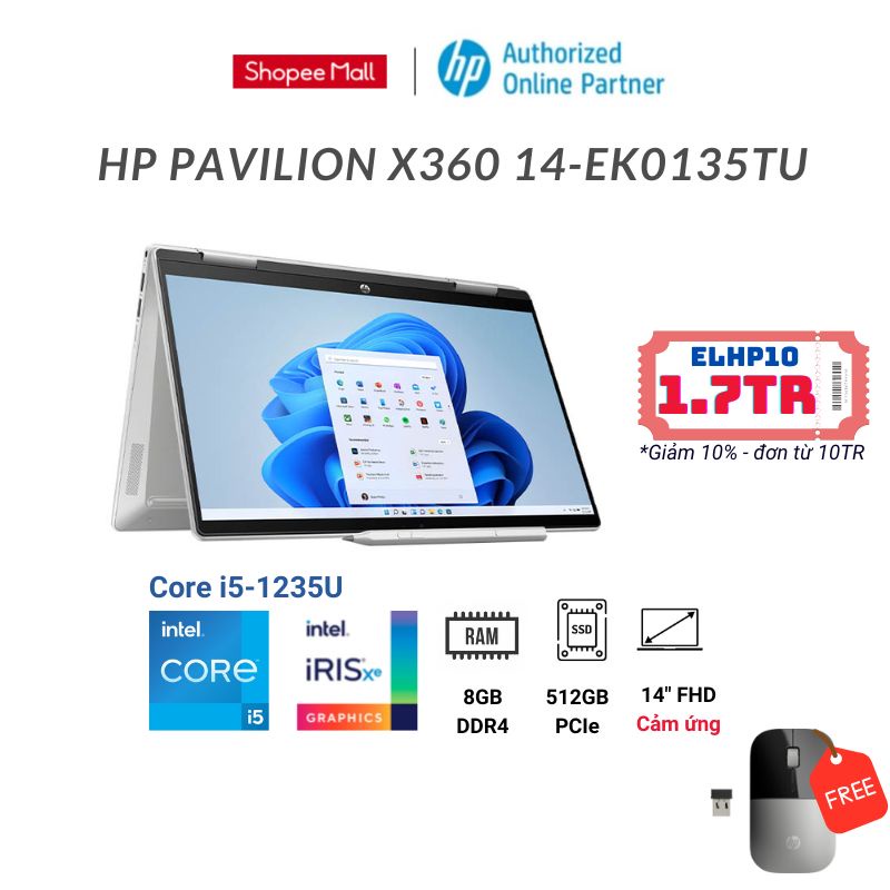 [Mã ELHP128 giảm 12% đơn 10TR] Laptop HP Pavilion X360 14-ek0135TU ( i5-1235U 14 inch FHD Touch)
