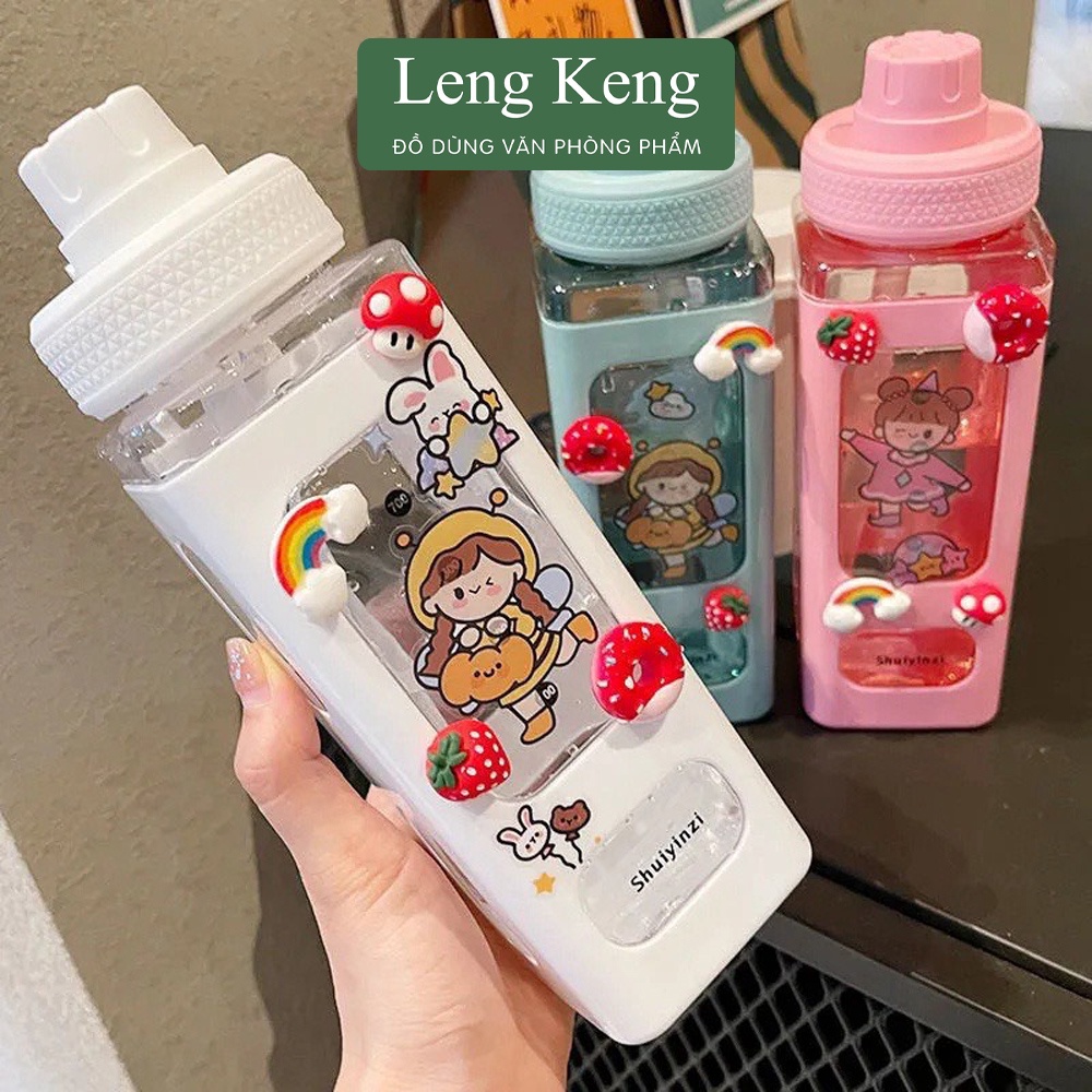 Bình đựng nước Leng Keng hình vuông cute có ống hút chống rò rỉ dung tích 900ml BN01
