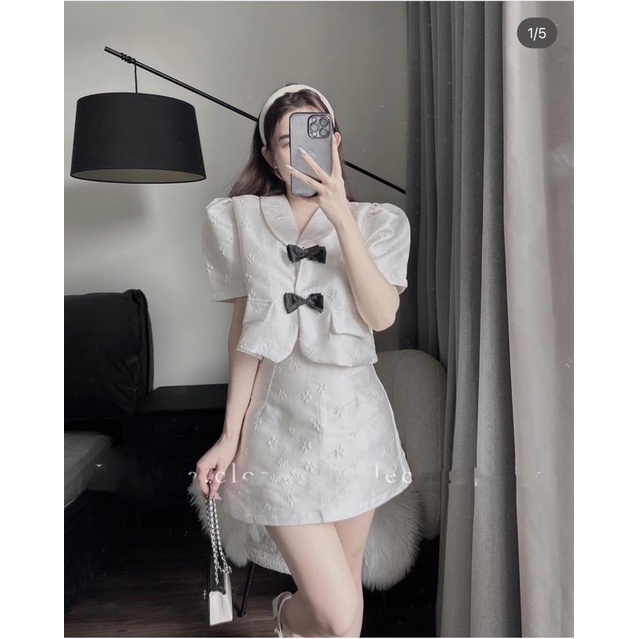 Set Áo Váy Croptop Phối Nơ Hoa Gấm Kèm Chân Váy