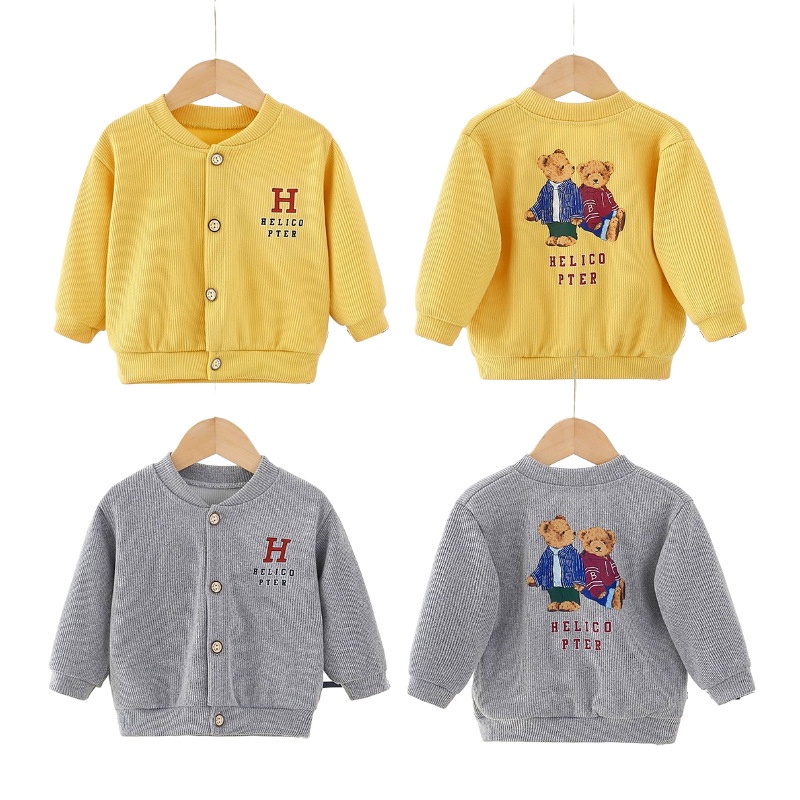 SUPER KIDS Áo Khoác sweater Dệt Kim Cổ Tròn In Hình Gấu Dễ Thương Thời Trang Xuân Thu Cho Bé