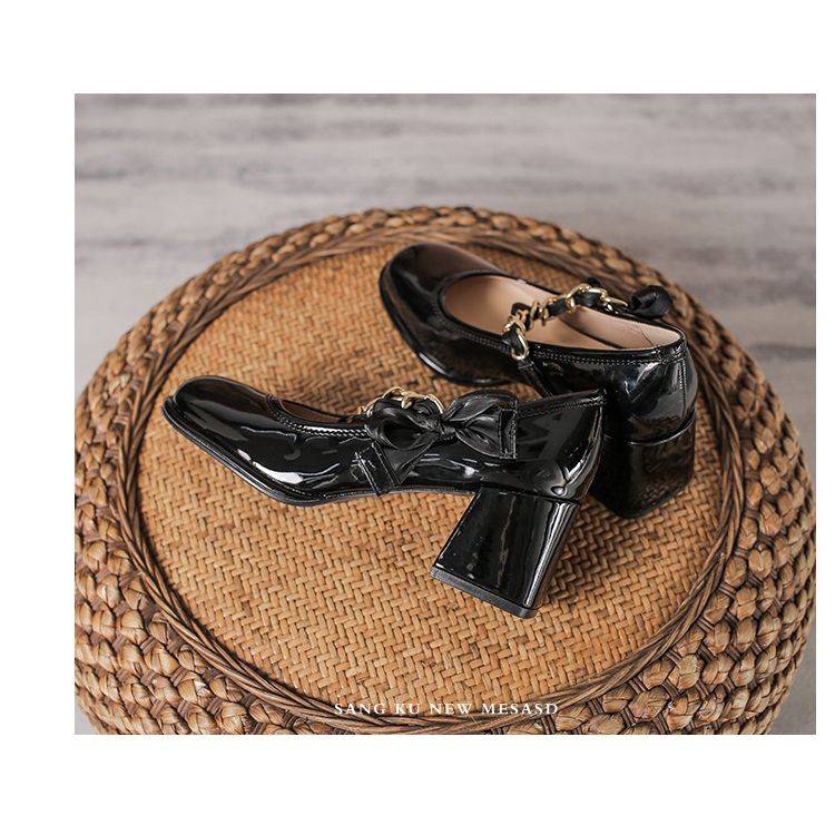 Giày cao gót nữ giày da gót vuông nơ