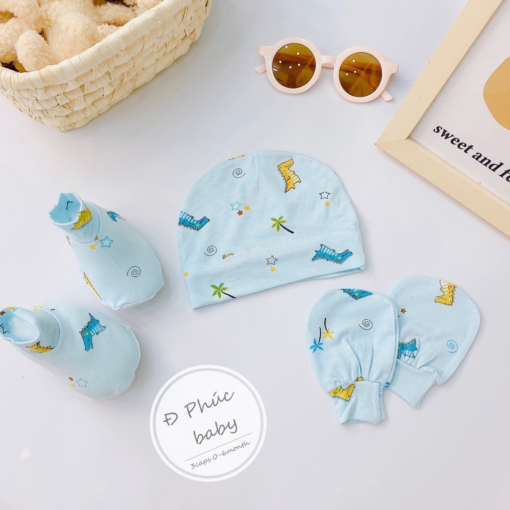 Set Mũ Bao Tay Chân Thun Lạnh Họa Tiết Xinh Cho Bé Sơ Sinh
