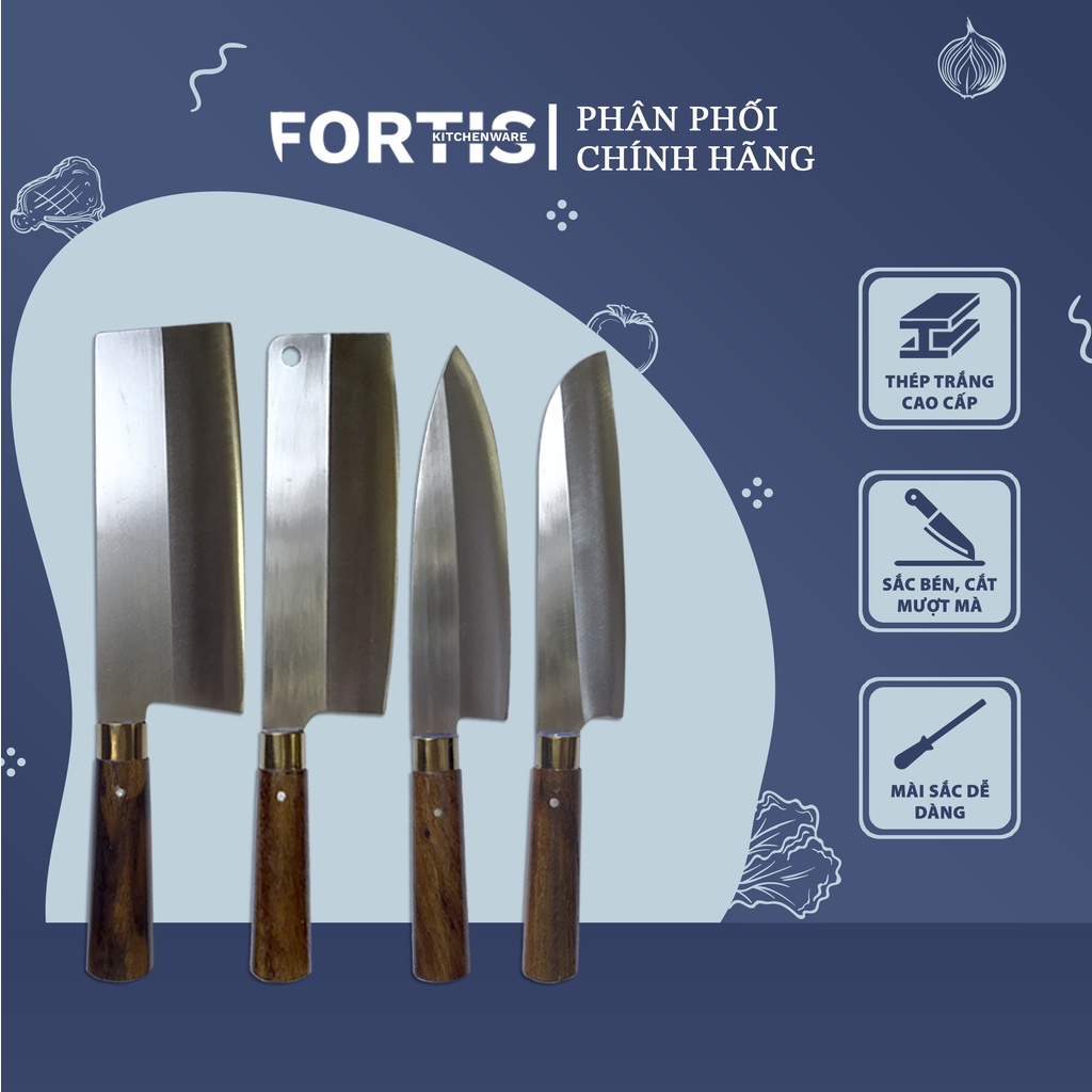 Bộ dao nhà bếp 4 món chặt, thái, gọt & lọc thịt chất liệu thép trắng cao cấp không gỉ, chuôi gỗ chắc chắn (BDB04)