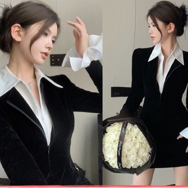 Đầm body phối sơ mi tay loe Váy nữ ôm body đen trắng sang chảnh đi dự tiệc đi chơi hottrend VATES0