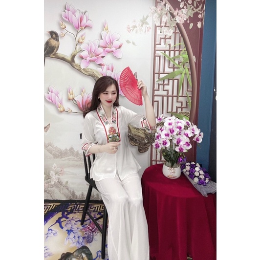Sét bộ lam pháp phục tay lỡ viền hoa văn dễ thương - free size dưới 54kg