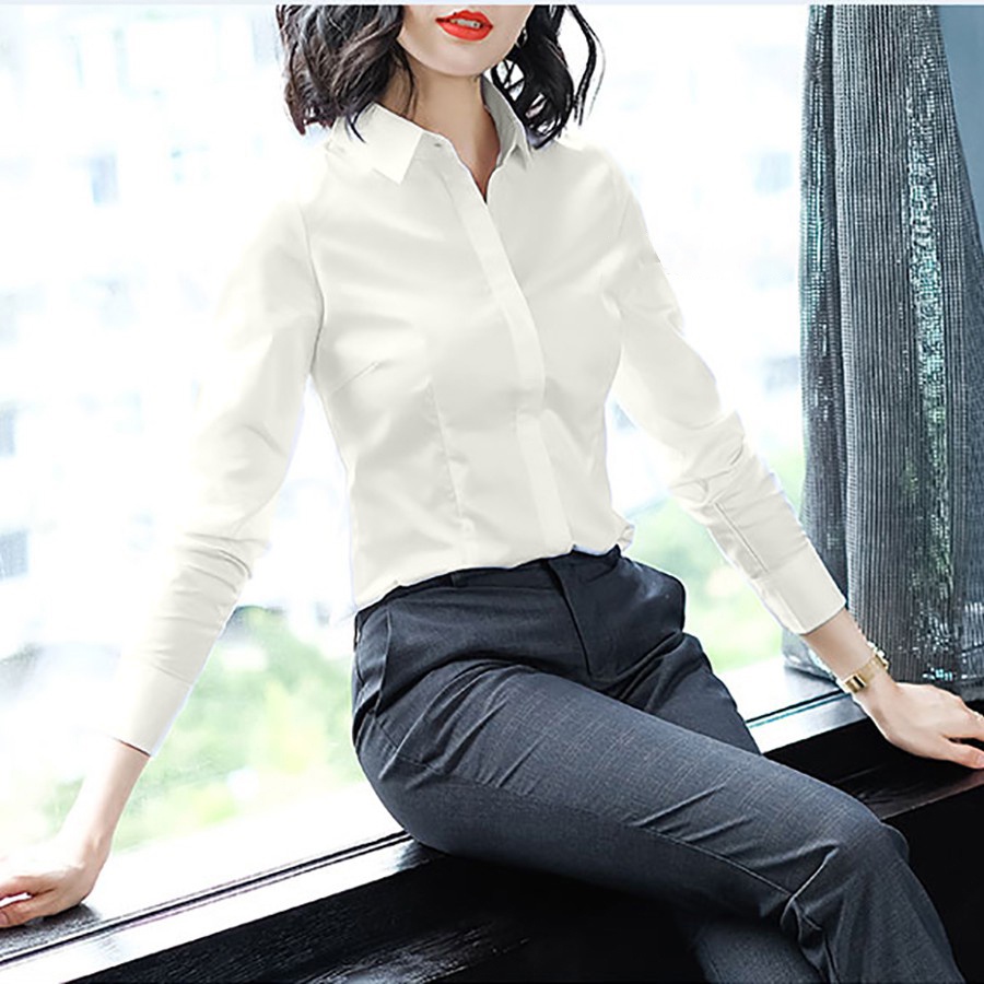 Áo sơ mi nữ tay dài màu trắng phong cách hiện đại trẻ trung