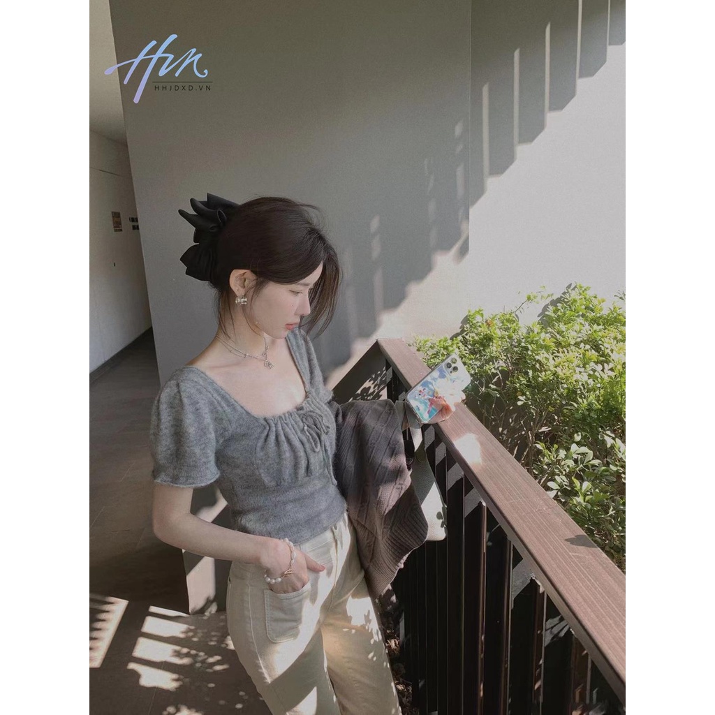 Áo Thun Dệt Kim Ngắn Tay Dáng Ôm Thiết Kế Rút Dây Xếp Ly Kiểu Pháp Thời Trang Cho