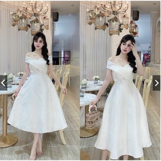 Váy trắng trễ vai, đầm thiết kế dự tiệc, dạ hội kỷ yếu prom chuẩn
