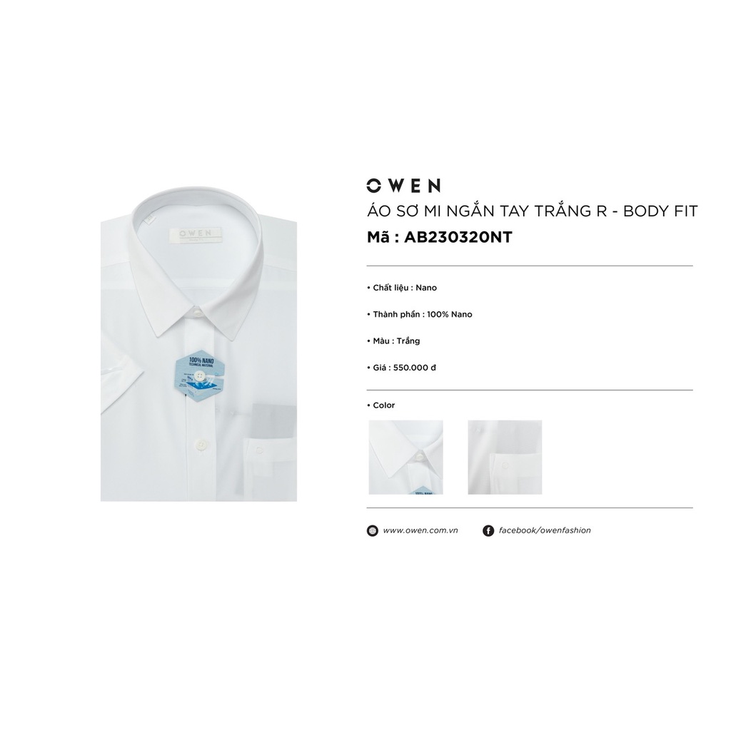 Áo sơ mi trắng owen ngắn tay body fit vạt ngang có túi vải nano AB230320NT