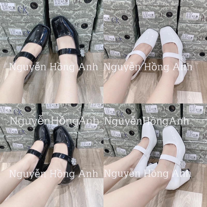 giày cao gót đính đá hoa gót vuông cao 7p da bóng (FULL HỘP - quai dán) cho nữ cg189