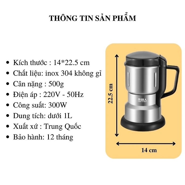 Máy xay hạt khô, xay bột, gia vị cà phê đa năng, công suất 300w, 6 lưỡi dao cực bén, chất liệu cối inox - Hãng DoDoDios