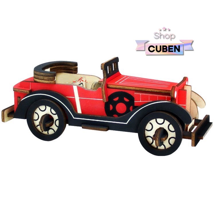 Mô hình đồ chơi lắp ráp 3D gỗ - Xe ô tô cổ Classic Car đỏ cắt laser