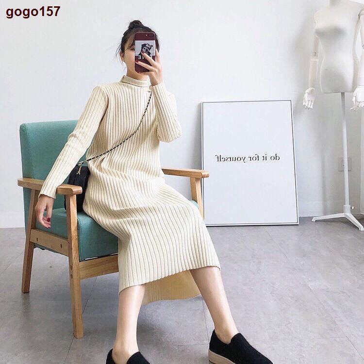 váy len suông dài tay cổ lọ, đầm dáng dài thu đông vải len gân to hàng quảng châu