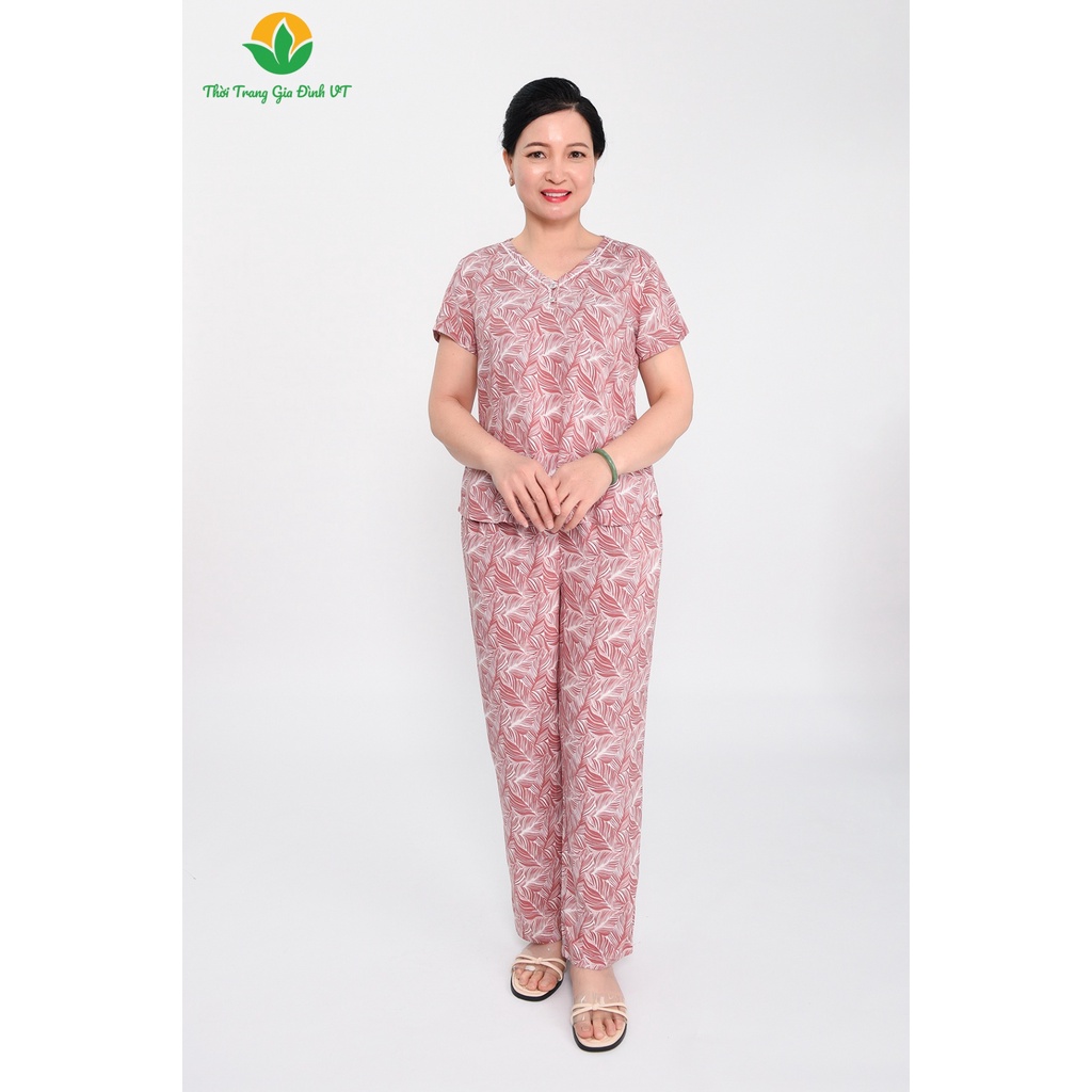 Bộ mặc nhà trung niên Việt Thắng, quần dài, áo cộc tay, chất lanh (tole) - B08.2305