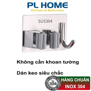 Móc treo cây lau nhà, kẹp chổi Inox 304 kèm móc treo đồ, không khoan tường