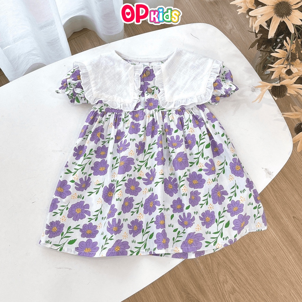 Váy Cổ Bèo Vuông 2069 hoa tím OP KIDS chất thô hàn mềm mịn, đầm bé gái ngắn tay size từ 8-26 kg thời trang hè 2023