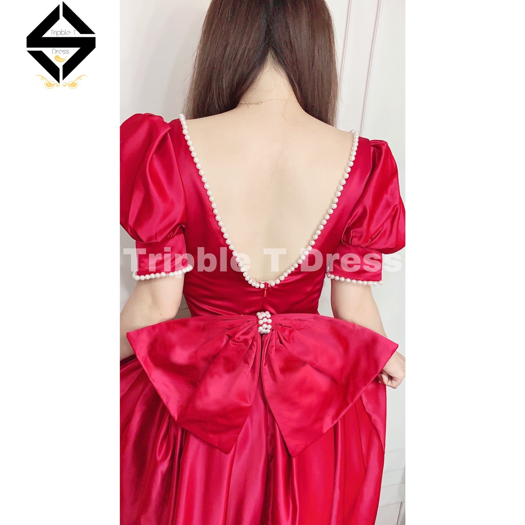 Đầm maxi cưới TRIPBLE T DRESS cổ U tay ngắn phồng hở lưng kết viền ngọc - size S/M/L - MS273Y