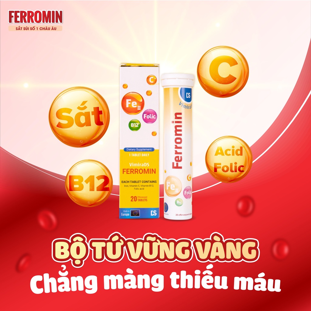 Viên sắt dạng sủi sắt bầu Ferromin không Tanh Táo Thơm Dễ uống Hấp thu tốt cho trẻ nhỏ Phụ nữ mang thai