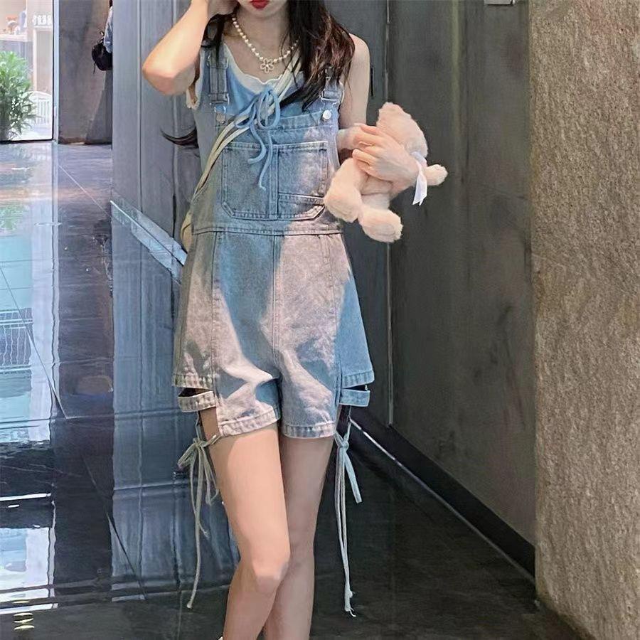 Quần Yếm Denim Ngắn Ống Rộng Thời Trang Dành Cho Nữ