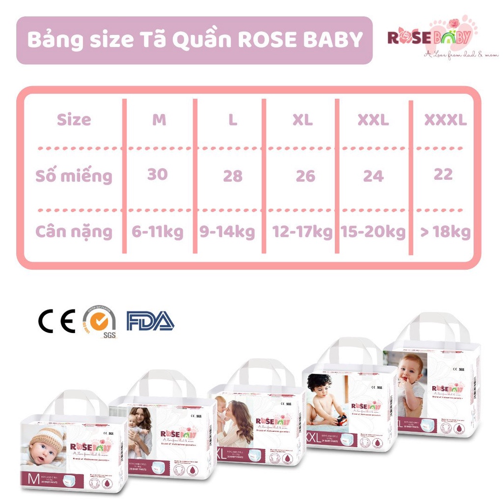Bỉm quần Rose Baby Size M/L/XL/XXl/XXXl