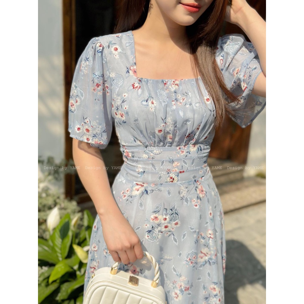 Váy hoa đầm hoa cổ vuông tay lơi xếp li ngực Nancy Dress YAME