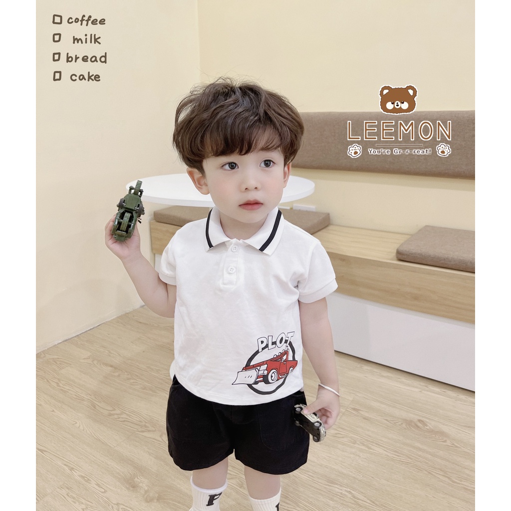Áo thun bé trai LEEMON A011 áo polo bé trai chất liệu vải cá sấu in hình ô tô lớn , LEEMON