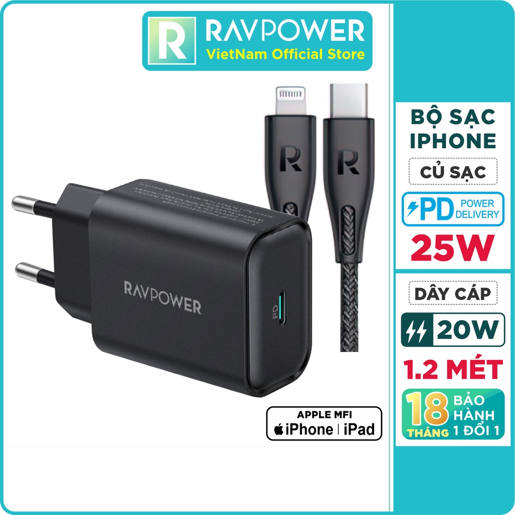 Combo Củ Sạc Nhanh iPhone, iPad 25W RAVPower RP-PC156-B và Cáp Type-C to Lightning MFI 20W, Dài 1.2M RP-CB1017-B