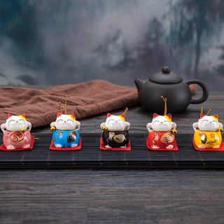 Bộ tượng 5 con mèo thần tài may mắn trang trí, để bàn, để taplo ô tô chất liệu sứ bóng cao cấp