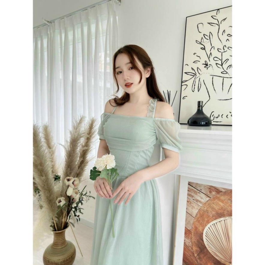 (Fom: <55kg) Đầm Midi Xanh Phối Tay Voan Dây Chéo Cổ Đầm Chữ A JL50 | BigBuy360 - bigbuy360.vn