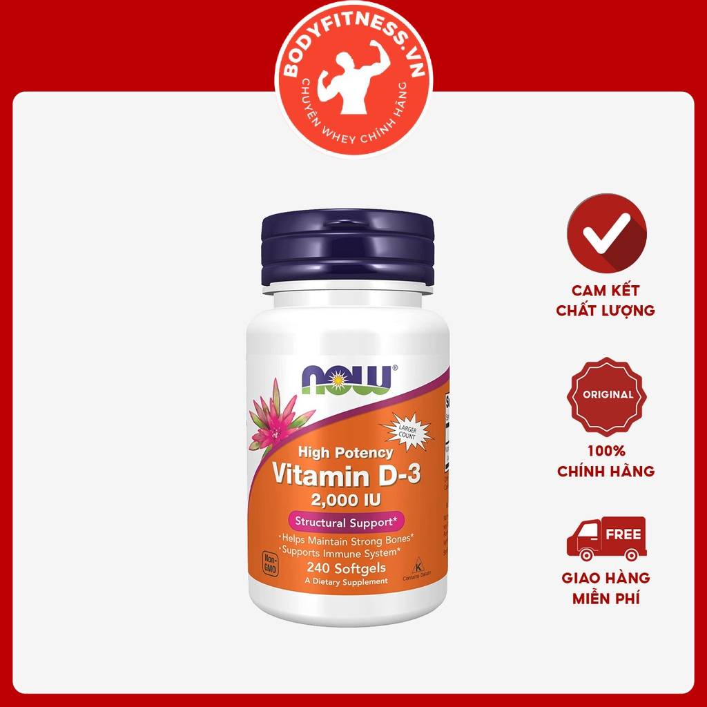 Viên uống Now Vitamin D3 2000IU (50mcg) nhập khẩu Mỹ phân phối BodyFitness hỗ trợ tăng cường đề kháng, hỗ trợ tim mạch