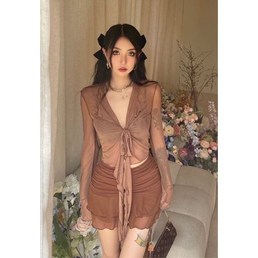 Cocory vn Áo Croptop Tay Dài Phối Ren Lưới Thời Trang Quyến Rũ Cho Nữ