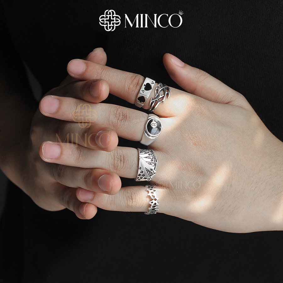 Set 5 Nhẫn Nam màu bạc thái Minco Accessories phong cách unisex thiết kế độc đáo tinh xảo chất liệu Titan không gỉ NT100
