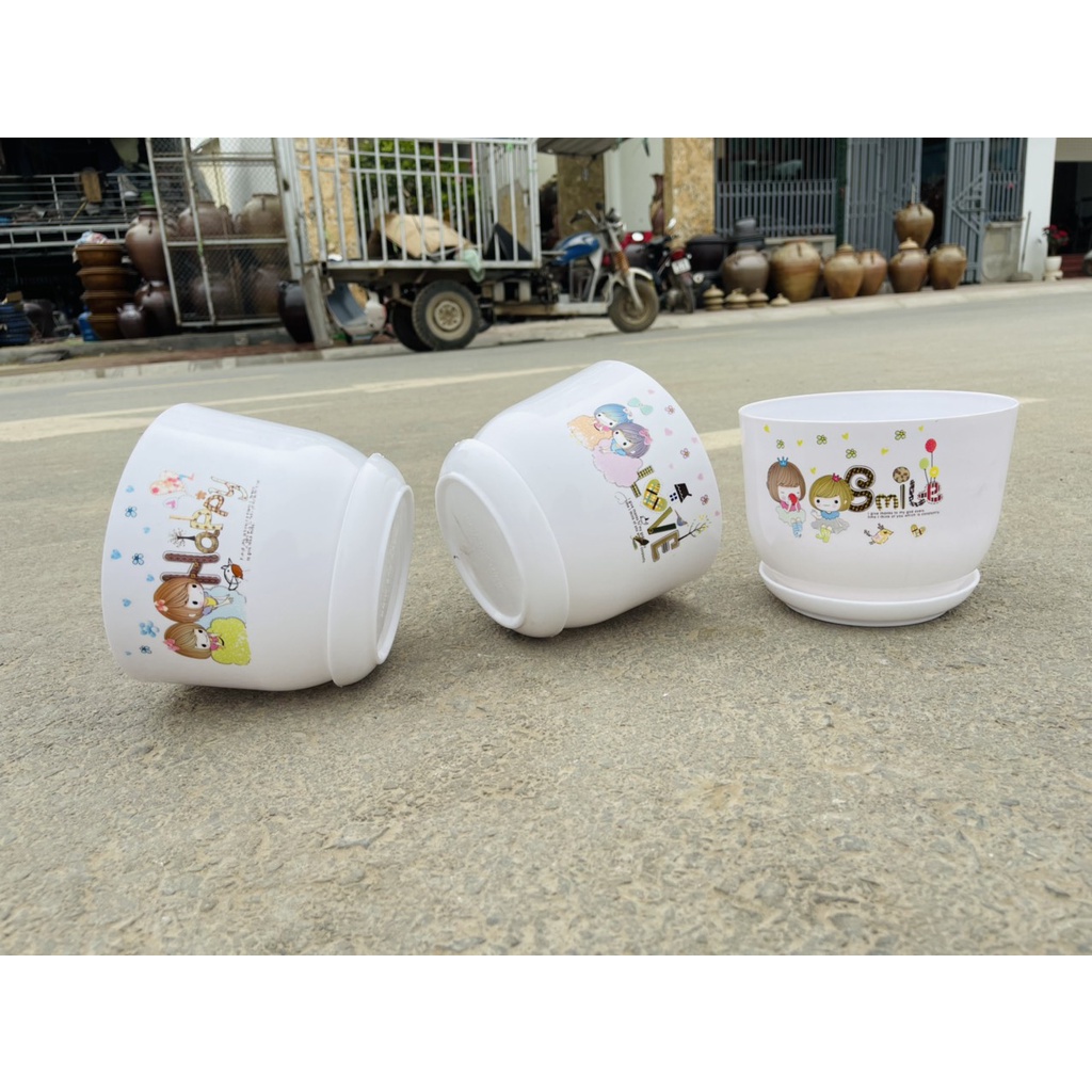 SÉT 5 Chậu nhựa Trồng Cây Tròn giả Sứ Hình HAPPY - LOVE - SLIME KT 180x130 Có Kèm Đĩa Lót