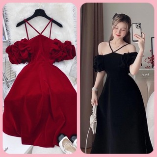 Đầm đi tiệc dáng xoè tay nhúng bẹt vai