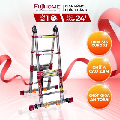 Thang inox rút gọn FUJIHOME TLA09IR inox 316, độ cứng x5 chống cong võng - Chữ A 2,8m - Chữ I 5,6m