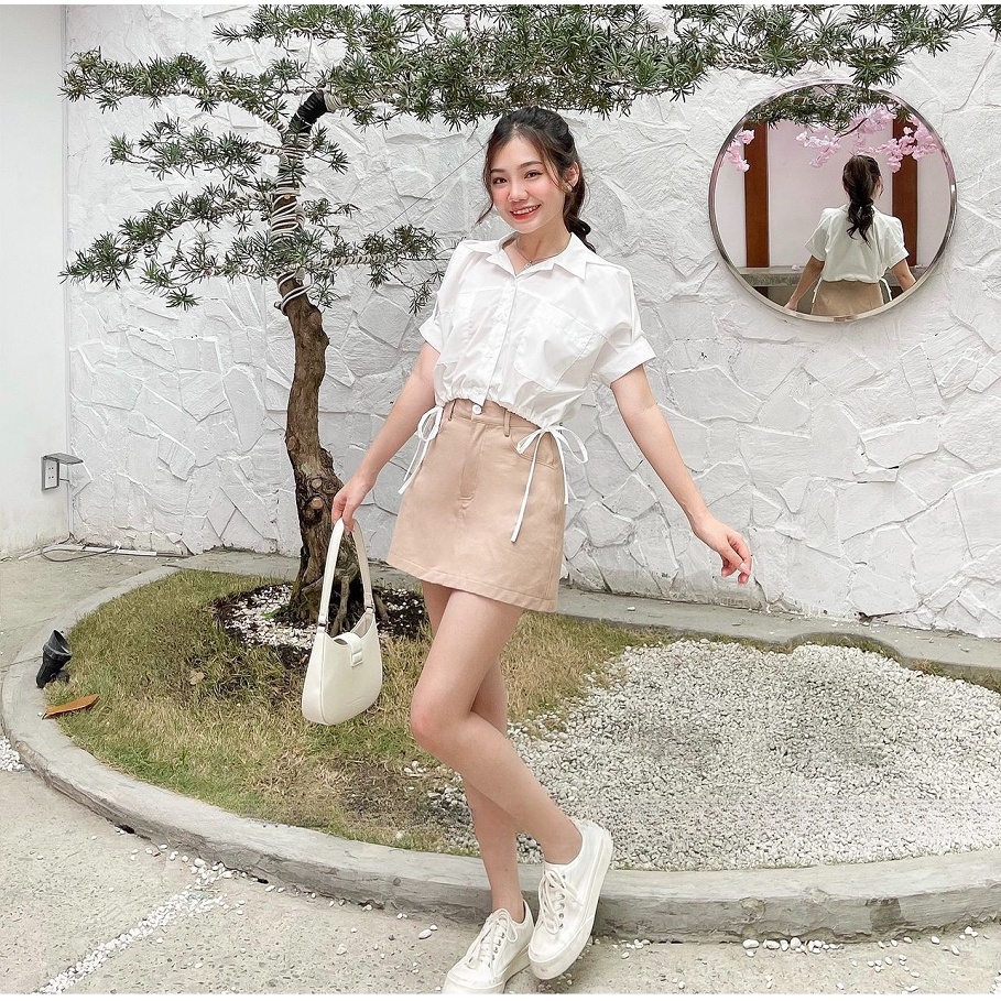 Áo sơ mi croptop chun eo thắt nơ 2 bên siêu xinh