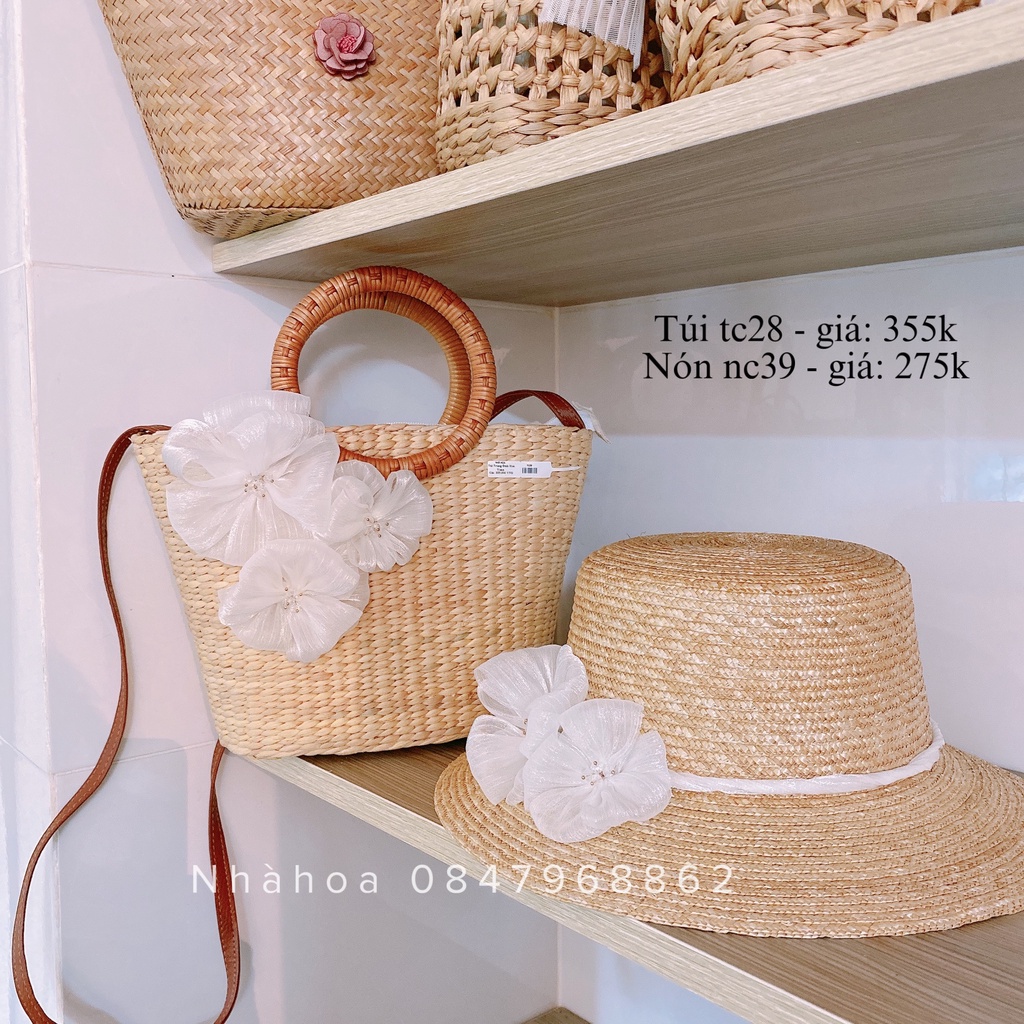 Túi Cói Nón Cói Đính Hoa Voan Handmade