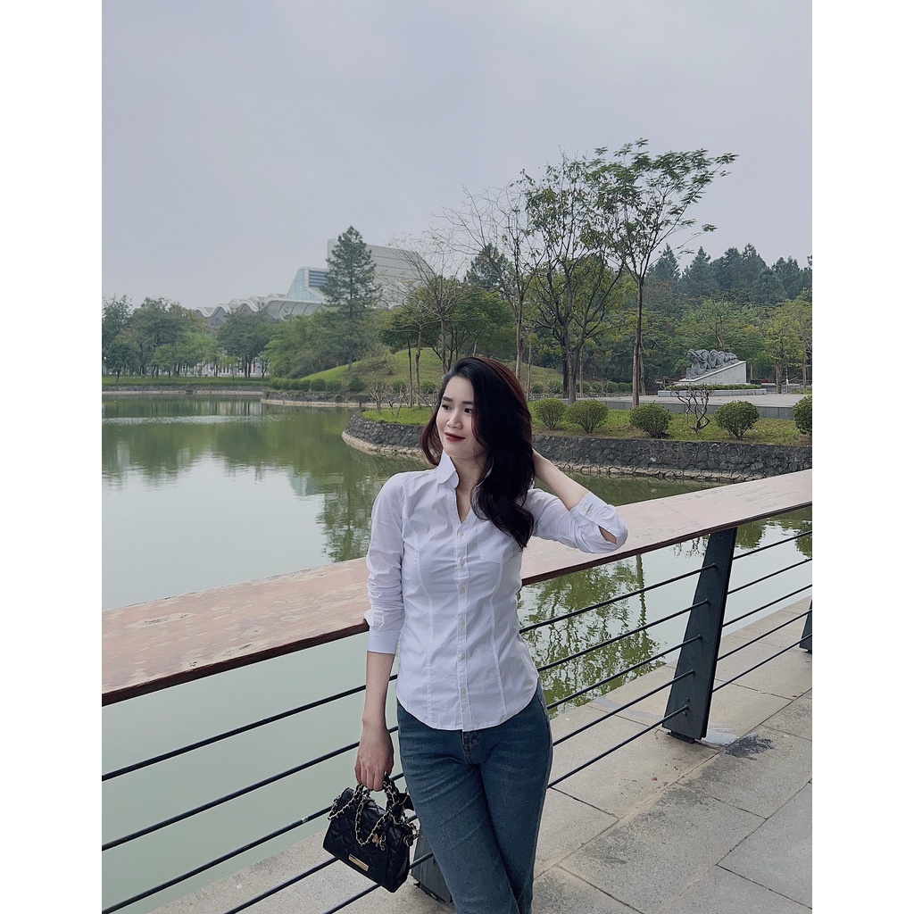 Áo sơ mi trắng cotton bó co giãn nhẹ QC