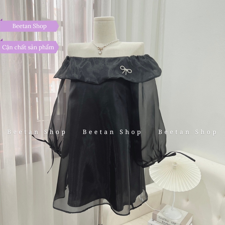 Váy trễ vai tơ kè tag nơ đá tiểu thư dài tay dáng xòe - Đầm trễ vai tơ óng D41