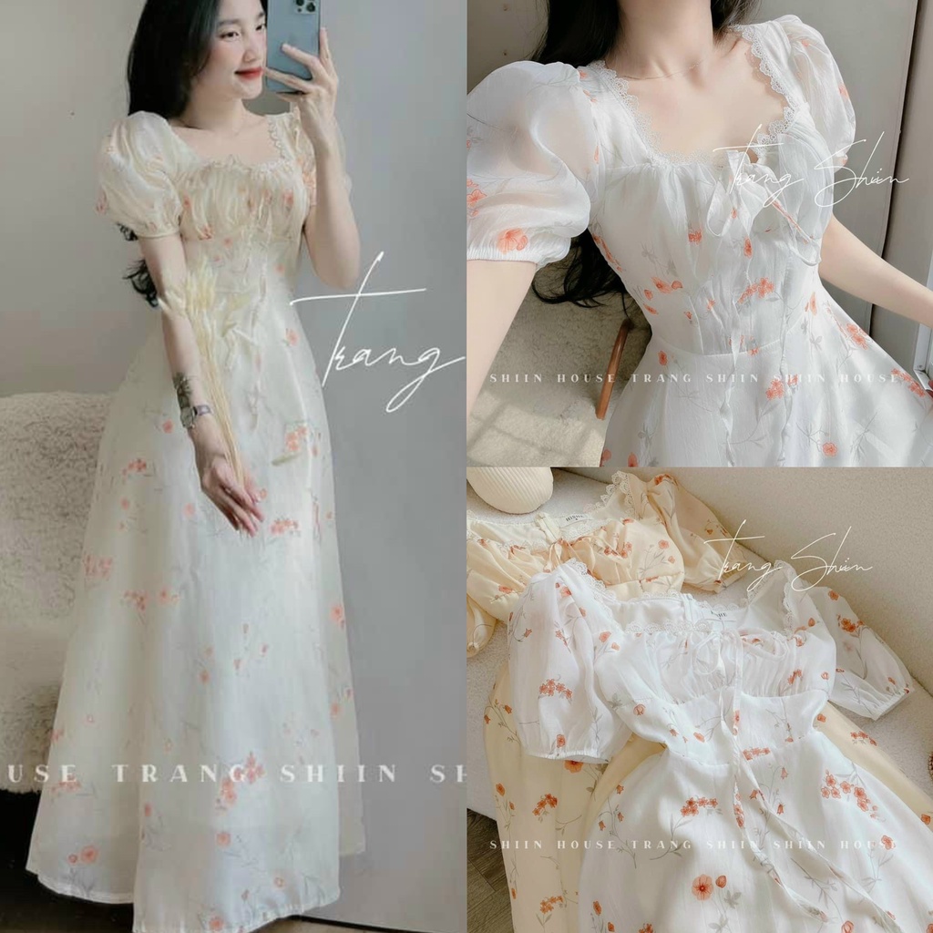 Đầm váy nữ maxi voan hoa phối ren họa tiết buộc nơ với 2 tone màu dễ thương, nhẹ nhàng