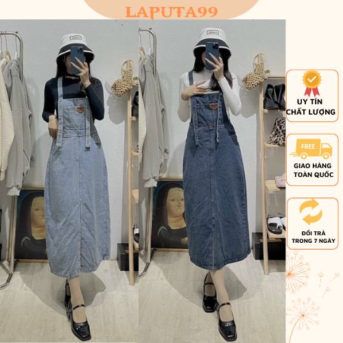 Váy yếm bò nữ dáng dài xẻ tà yếm jean nữ dáng rộng chất denim mềm mại full size S M L màu xanh Laputa99