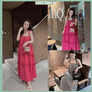 Váy 2 dây dáng dài bèo tầng đầm nữ maxi kẻ caro dáng suông freesize