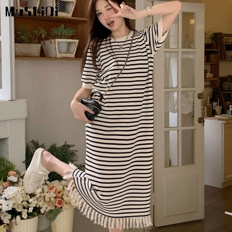Mushiqi Đầm Tay Ngắn Cổ Thuyền Kẻ Sọc Trắng Đen Tương Phản