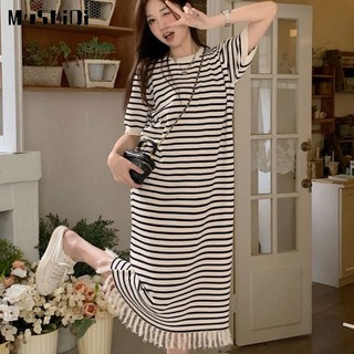 Mushiqi Đầm Tay Ngắn Cổ Thuyền Kẻ Sọc Trắng Đen Tương Phản