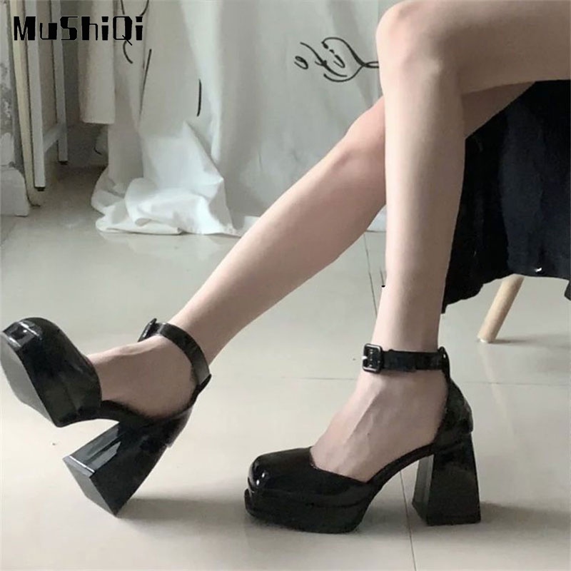Giày cao gót MUSHIQI đế dày mũi vuông phong cách retro thời trang cho nữ