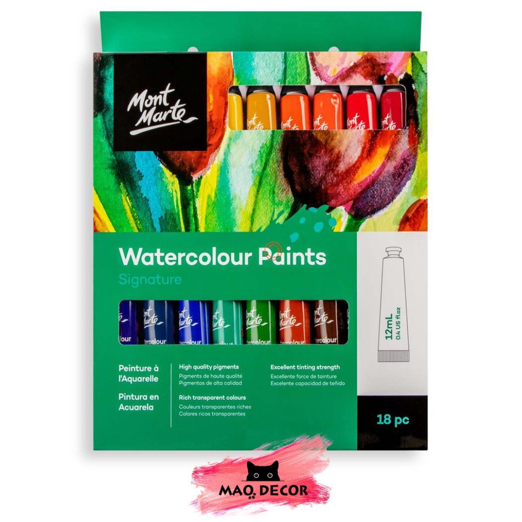Màu Nước Watercolour Mont Marte 12pc/18pc x 12ml, dòng màu nước hạng họa sĩ
