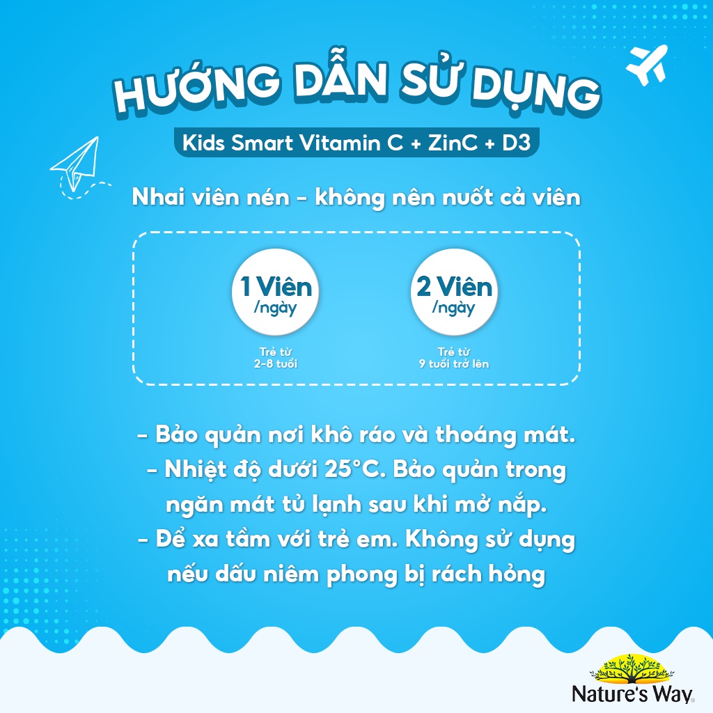 Viên Nhai Nature’s Way Kids Smart Vitamin C+ZinC+D3 Chewable Tablets Bổ Sung Vitamin Cho Bé Phát Triển Toàn Diện 75 Viên